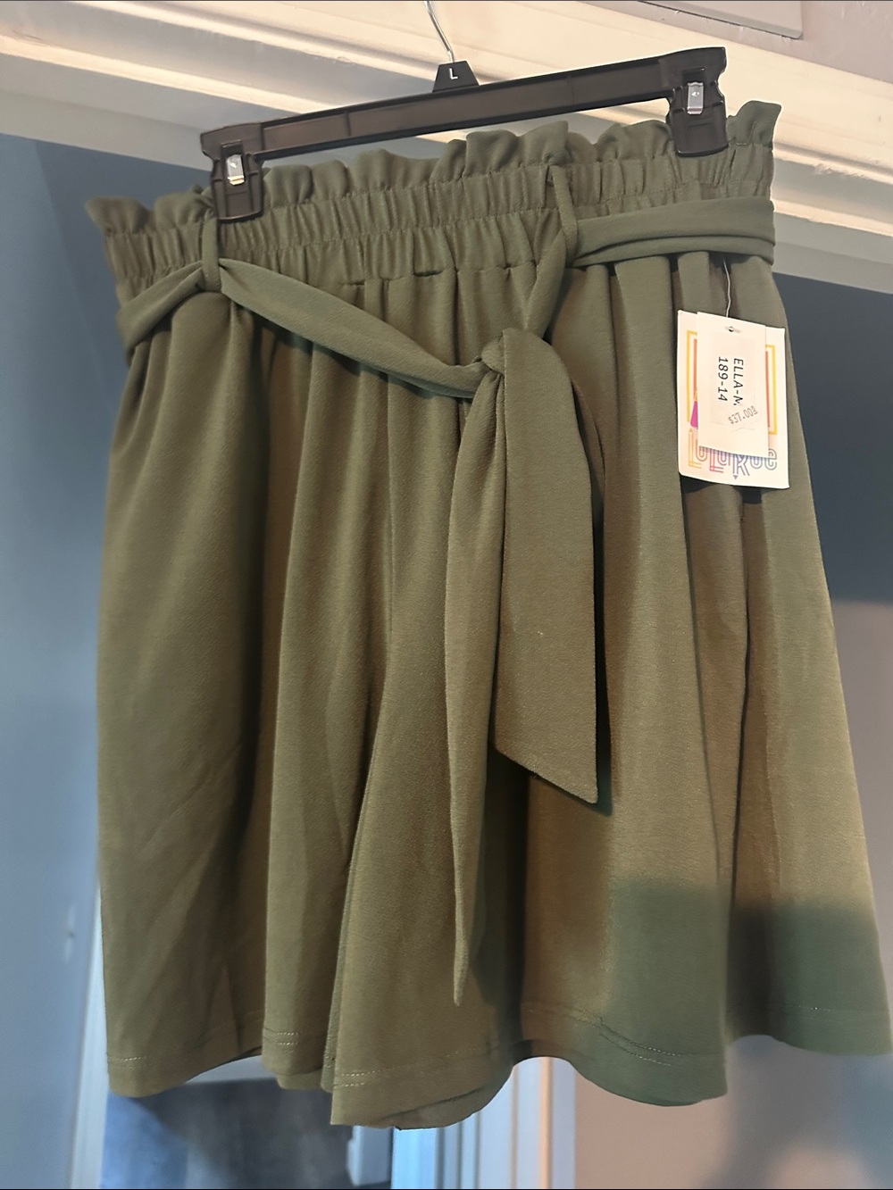 LuLaRoe Ella Olive Green Paperbag Waist Shorts with Tie Belt